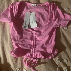 NWT Zara Gathered Pink Front Ruching Top Crop Top Sz S